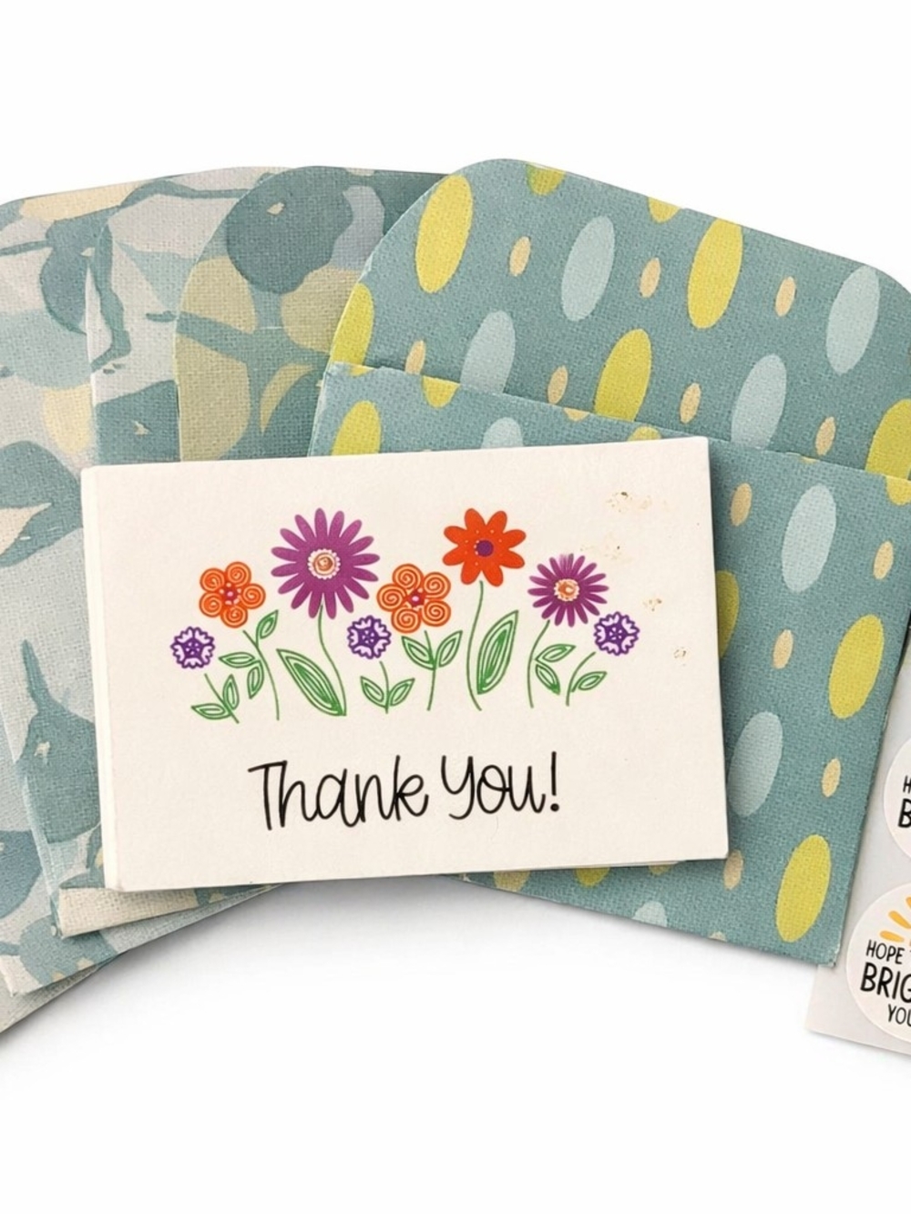 Handmade 3.4 x 2.5 envelopes, matching thank‑you cards, and cute stickers